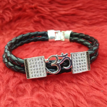 Silver Black Leather OM CZ Bracelet For Men by 