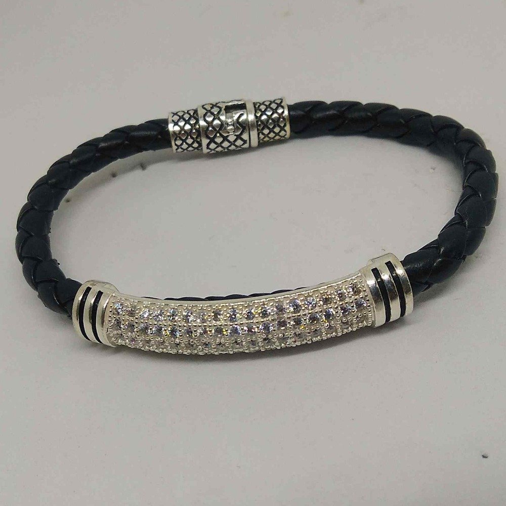Silver premium collection leather & diamond  bracelet for men
