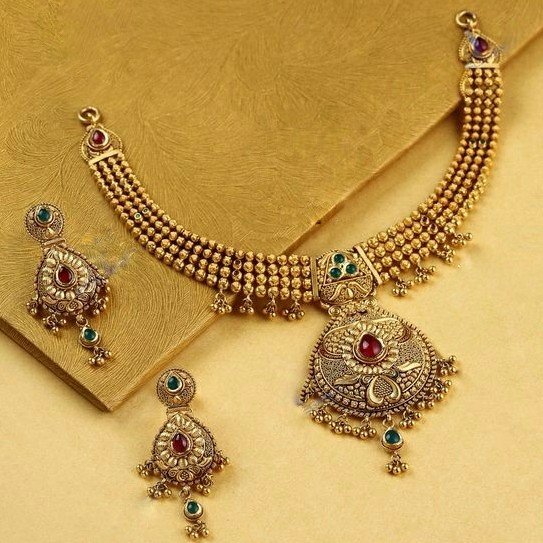 22KT/ 916 Gold Antique Jadtar Wedding Half necklace set for ladies