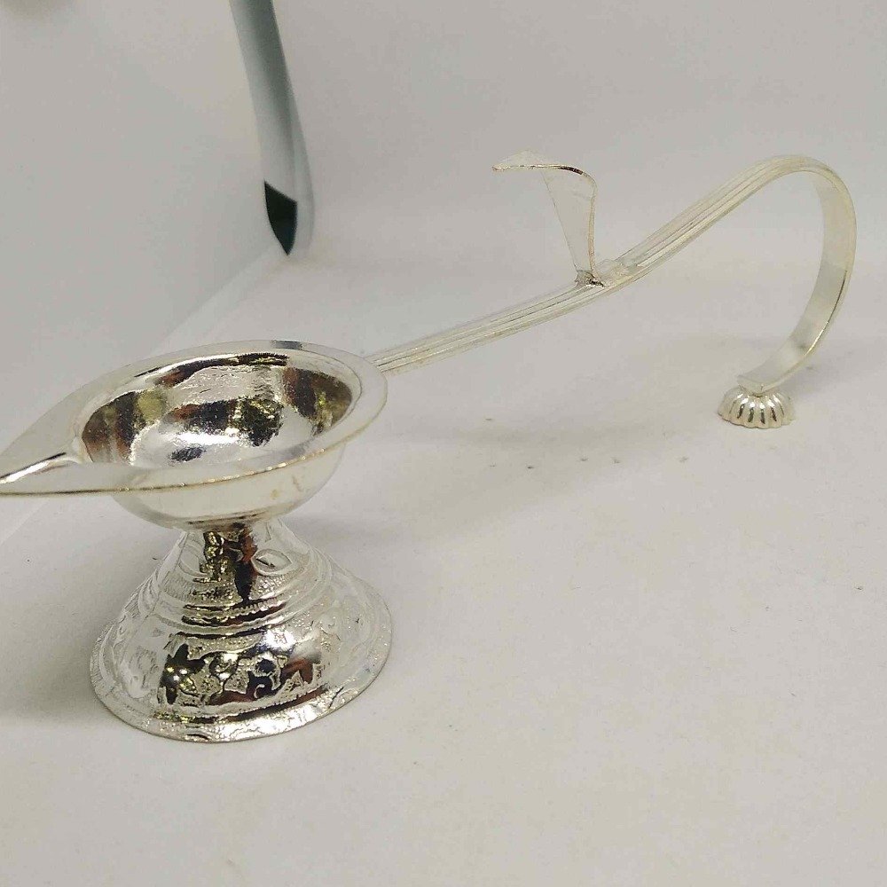 Silver single aarti diya with long handle for navratri pooja