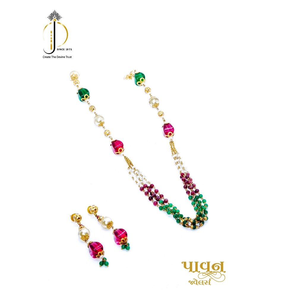 22KT / 916 Gold Colorful Stone & White Moti mala with earring For Women DKG0006